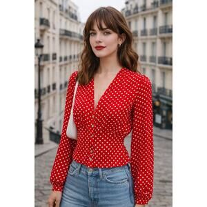 Free People Love Street red & White polka dot blouse in Size XS Twee Retro